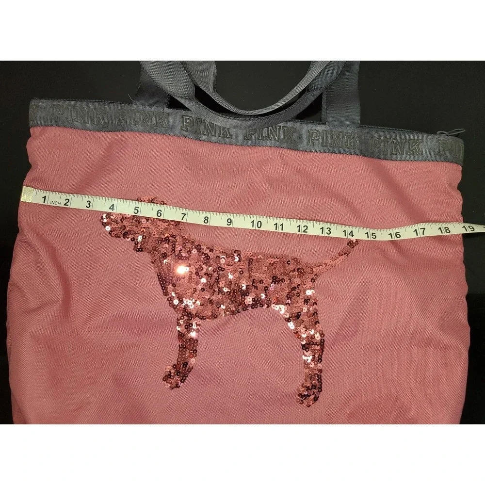 VS Victoria's Secret PINK Large Tote Beach Bag‎ Pink Sequin Dog Design Zipper